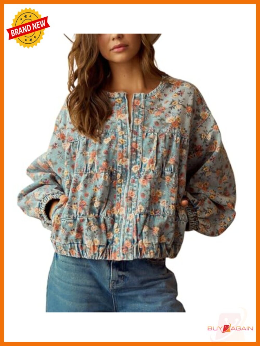 Oversized Floral Denim Jacket Zip Up Collarless Trendy Fall Jean Jacket